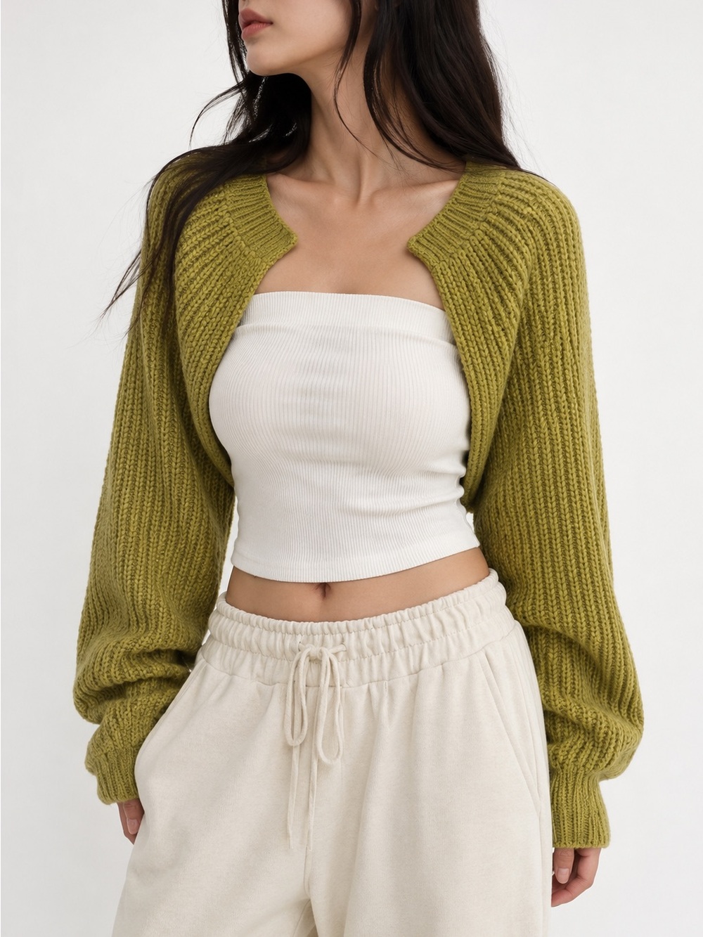 Lewkin Green Chartreuse Knit Bolero Shrug / Cropped Cardigan One Size